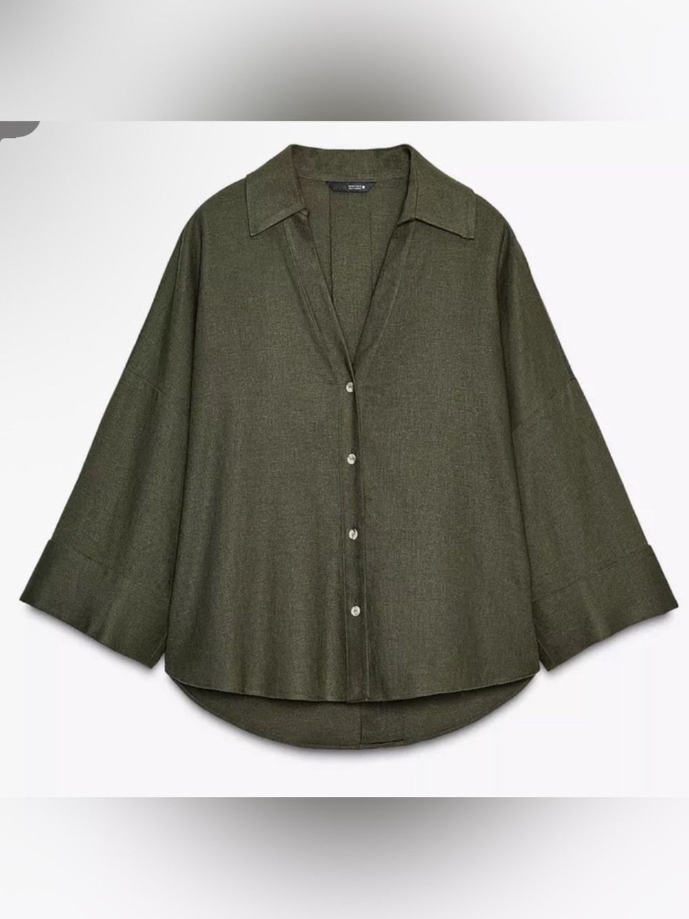ZARA Wide Sleeve Linen Shirt Dark Khaki Green Oversized Button Up Boxy Size L